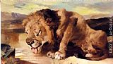 Famous Stream Paintings - Lion Drinking At A Stream